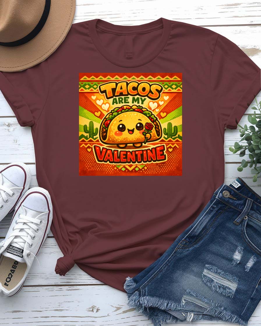 Tacos Are My Valentine t-shirt with cute smiling taco graphic