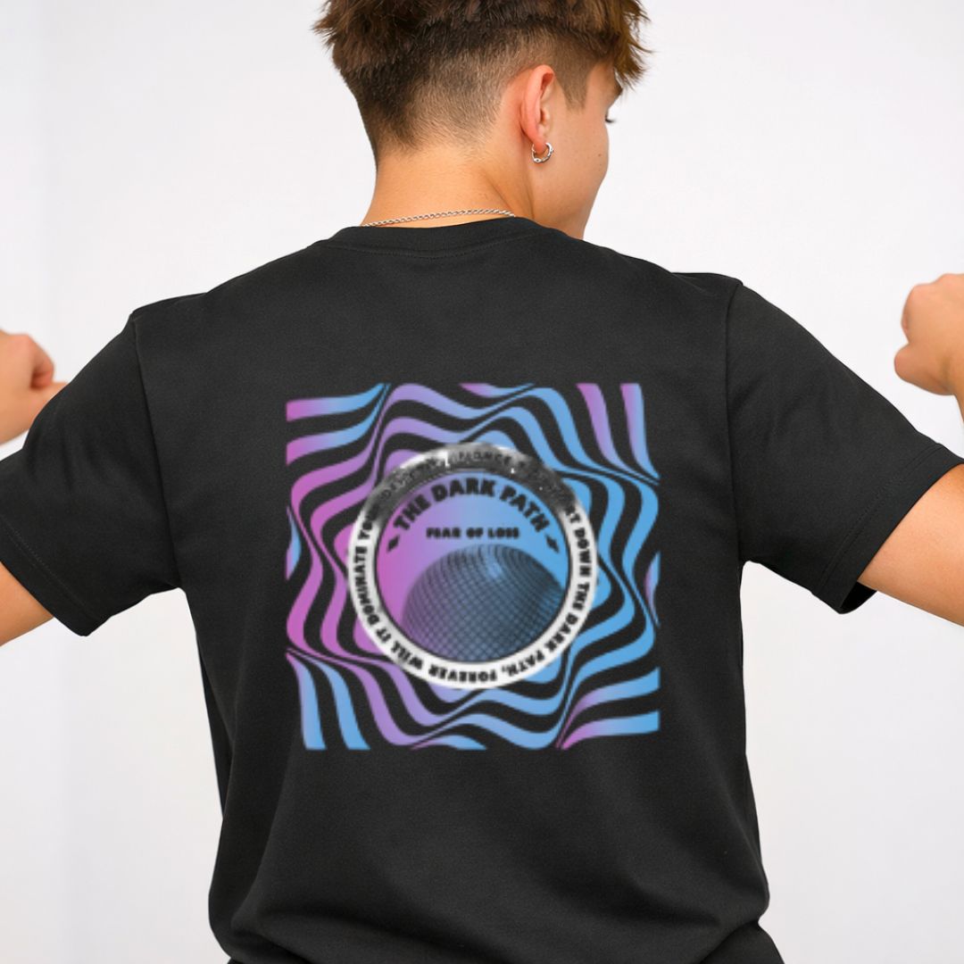 The Dark Path Streetwear Tee with lone figure walking into shadow on model