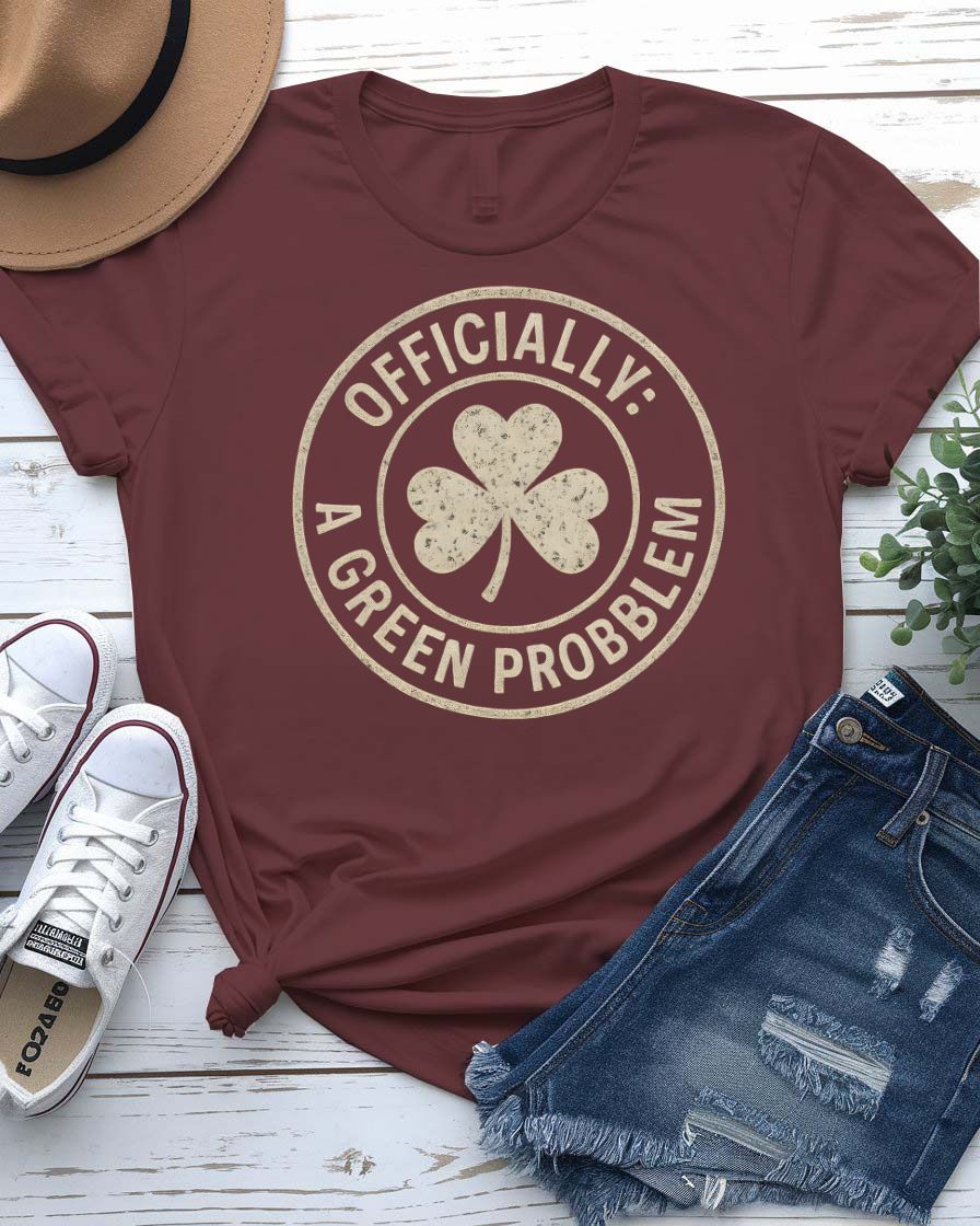 Officially A Green Problem St. Patrick's Tee with warning label design on model