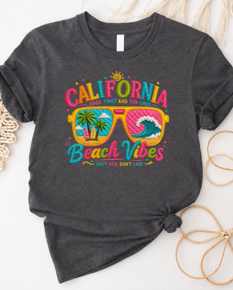 California beach vibes t-shirt with retro camper van graphic