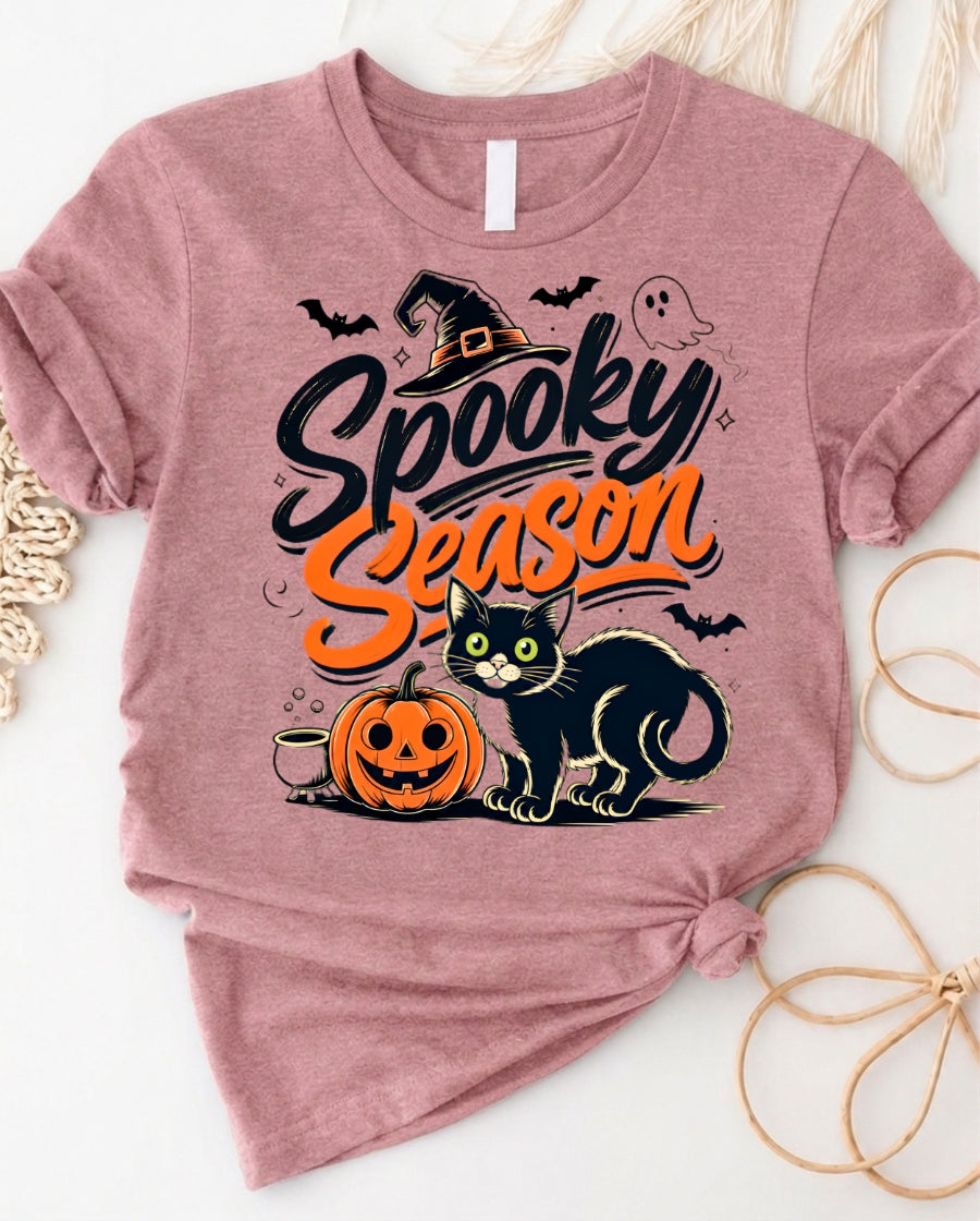 Spooky Season Halloween T‑Shirt — Black Cat, Pumpkin & Witch Hat Tee