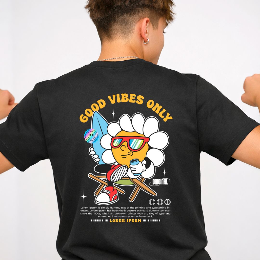 Good Vibes Streetwear Tee with radiating sun design on model