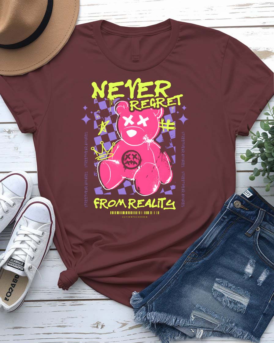 Never Regret Streetwear Tee with figure walking forward on stepping stones on model