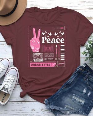 Peace urban graphic tee with deconstructed peace symbol on model