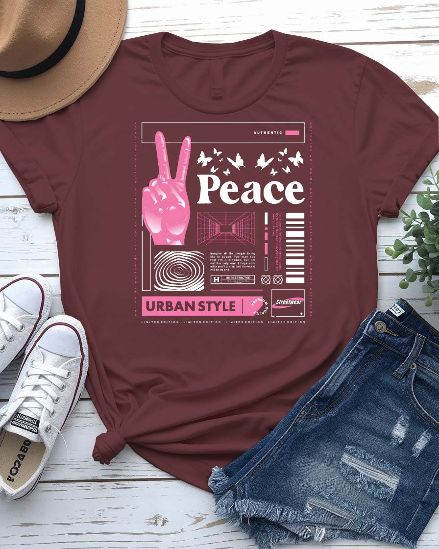 Peace urban graphic tee with deconstructed peace symbol on model