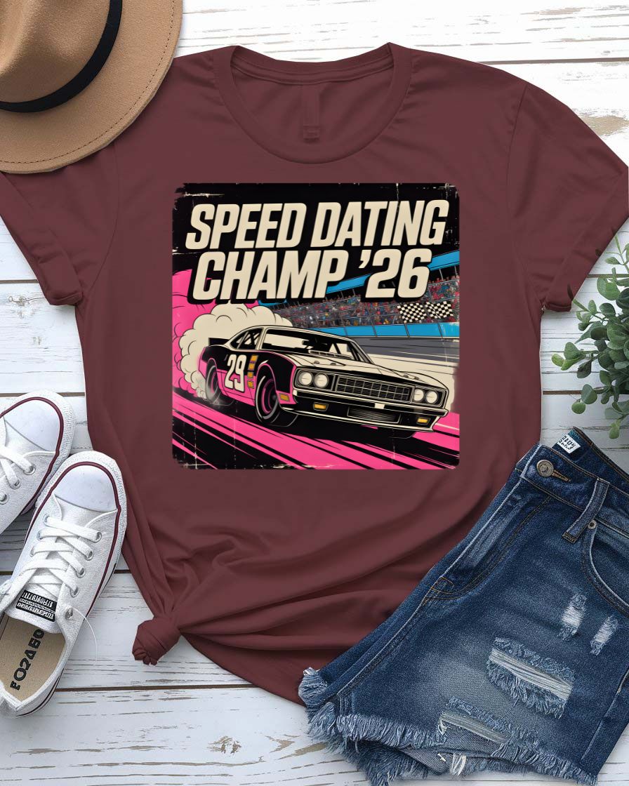 Speed Dating Champ T-Shirt with vintage trophy graphic and bold text