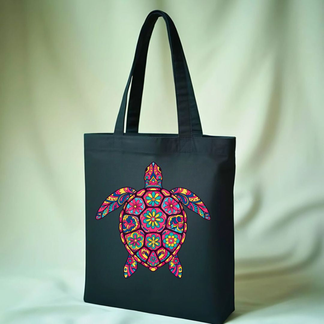 Vibrant Colorful Sea Turtle Art on Cotton Canvas Tote Bag