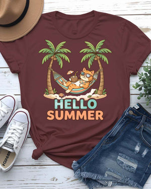 Hello cat summer tee waving kitty sunshine graphic