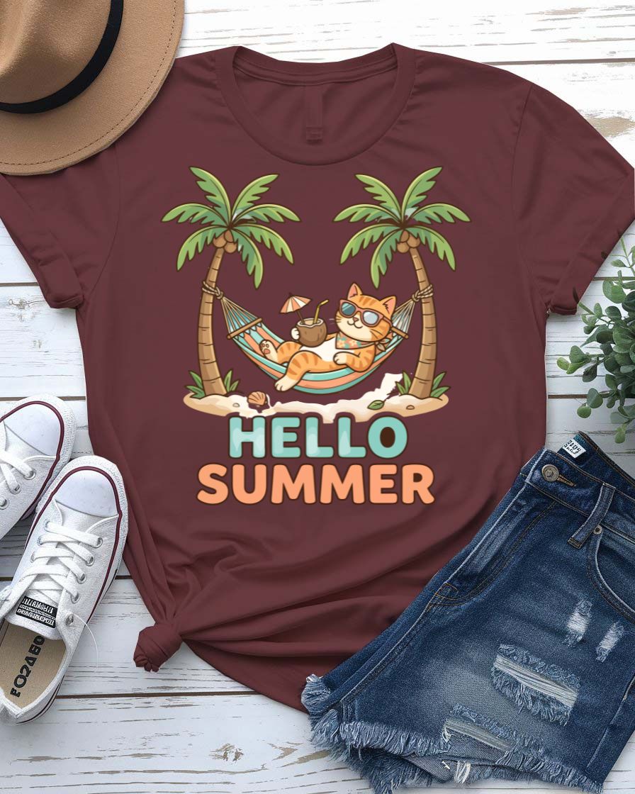 Hello cat summer tee waving kitty sunshine graphic
