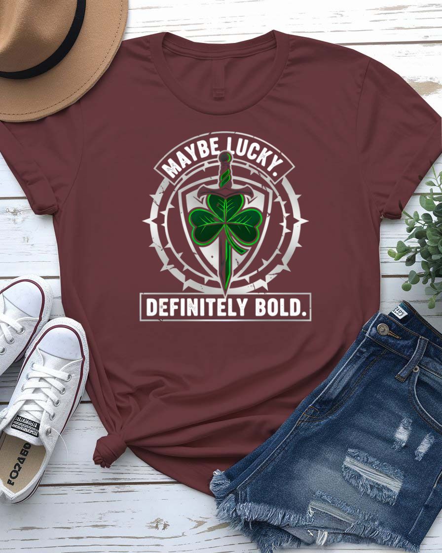 May Be Lucky St. Patrick's Day Tee with question mark clover on model