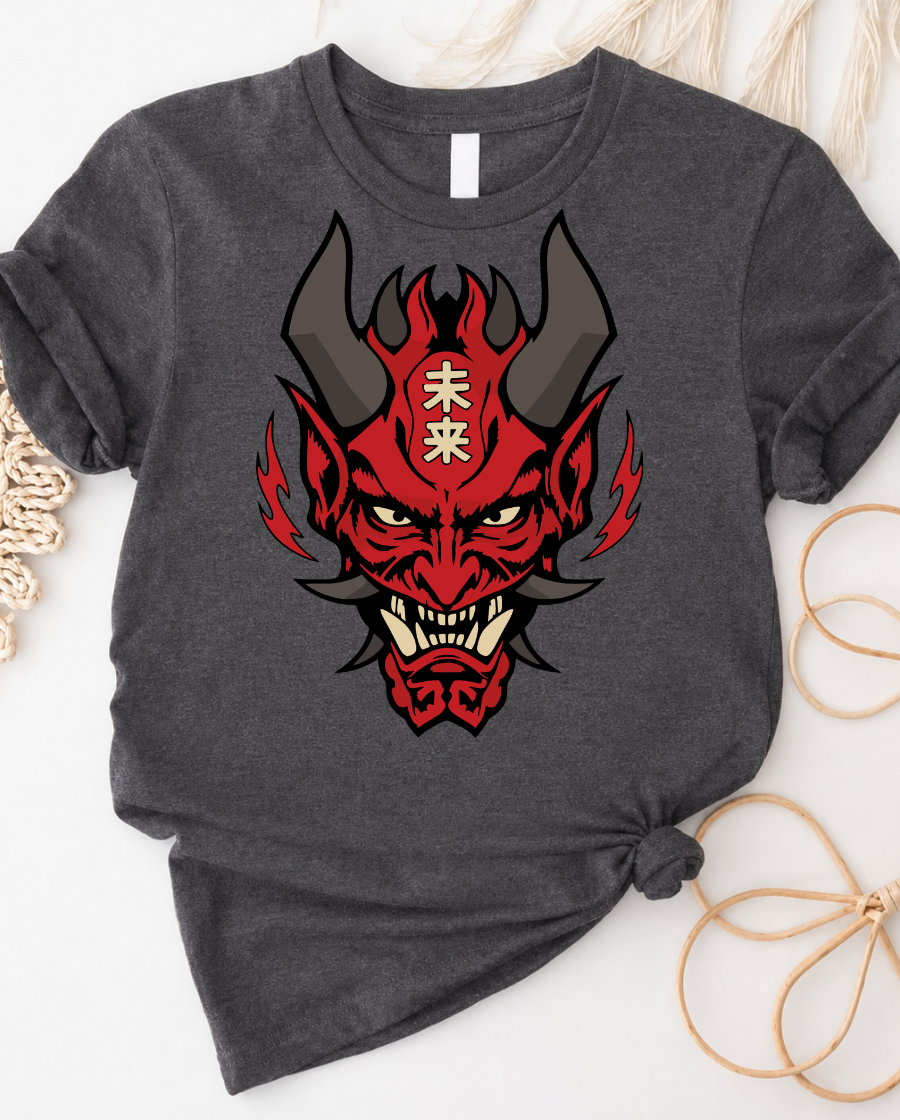 Demonic Oni Mask T‑Shirt — Red Japanese Oni Design with "未来" (Future)