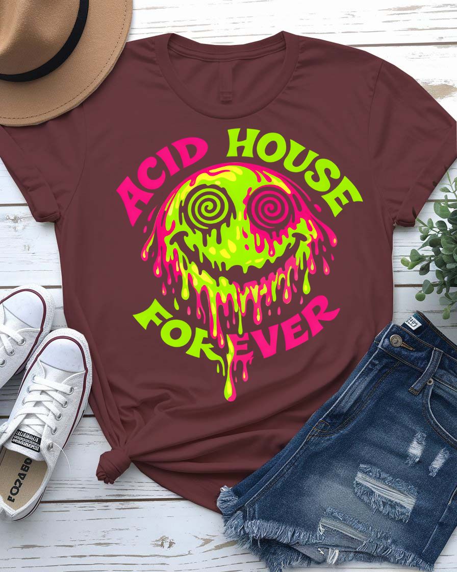 Acid House Forever retro graphic t-shirt with classic smiley face design
