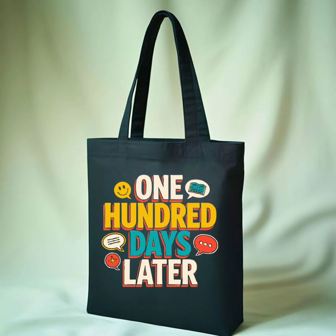 Colorful "100 Days of School" celebration tote bag on natural canvas