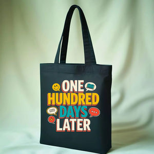Colorful "100 Days of School" celebration tote bag on natural canvas