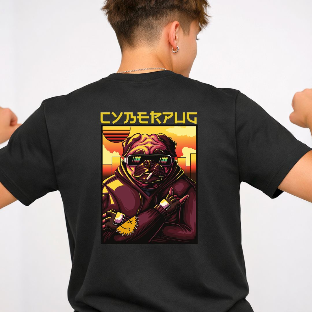Cyberpug Streetwear Tee with neon-glowing cybernetic pug on model