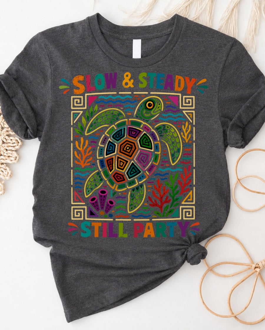 Slow and steady t-shirt with determined turtle crossing finish line design