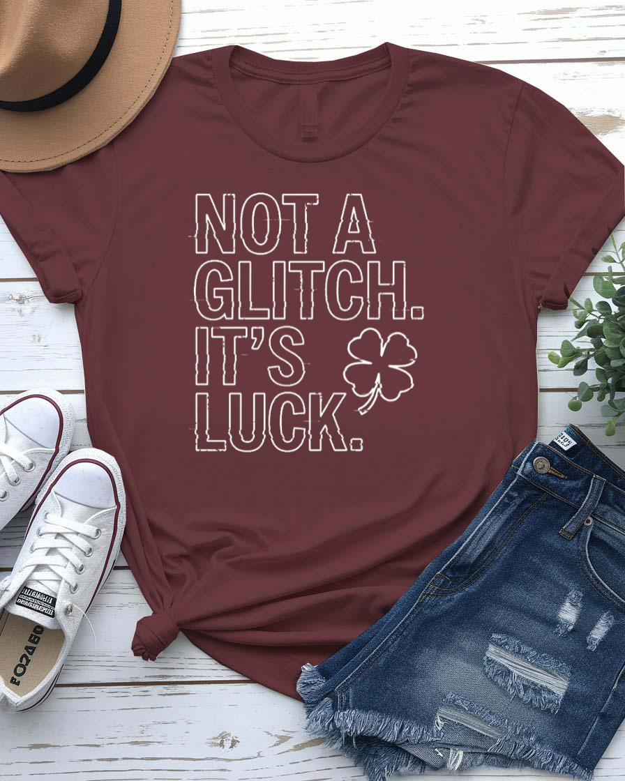 Not a Glitch It's Luck St. Patrick's Day Tee with shamrock error message on model