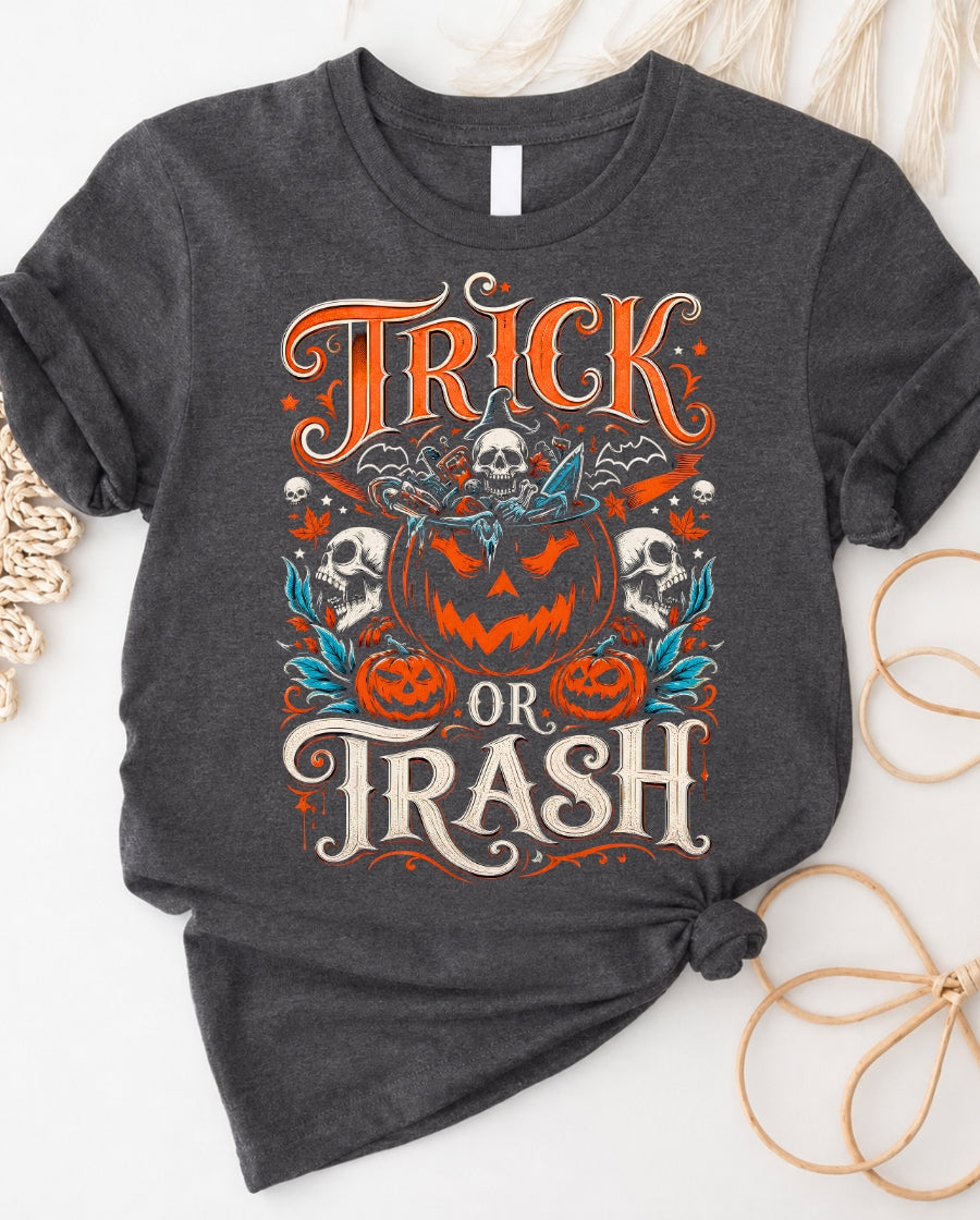 Trick or Trash Halloween T-Shirt — Funny Pumpkin & Skeleton Graphic Tee