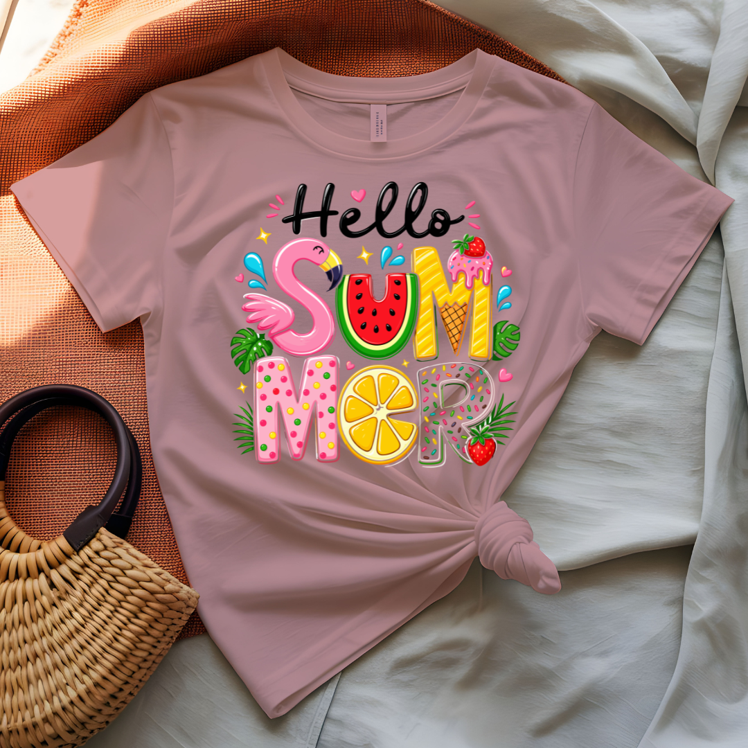Hello Summer Tee with tropical leaves and floral design