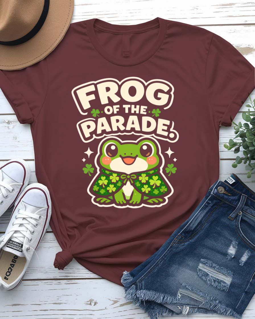 Frog of Parade St. Patrick's Day Tee with crowned frog on float on model