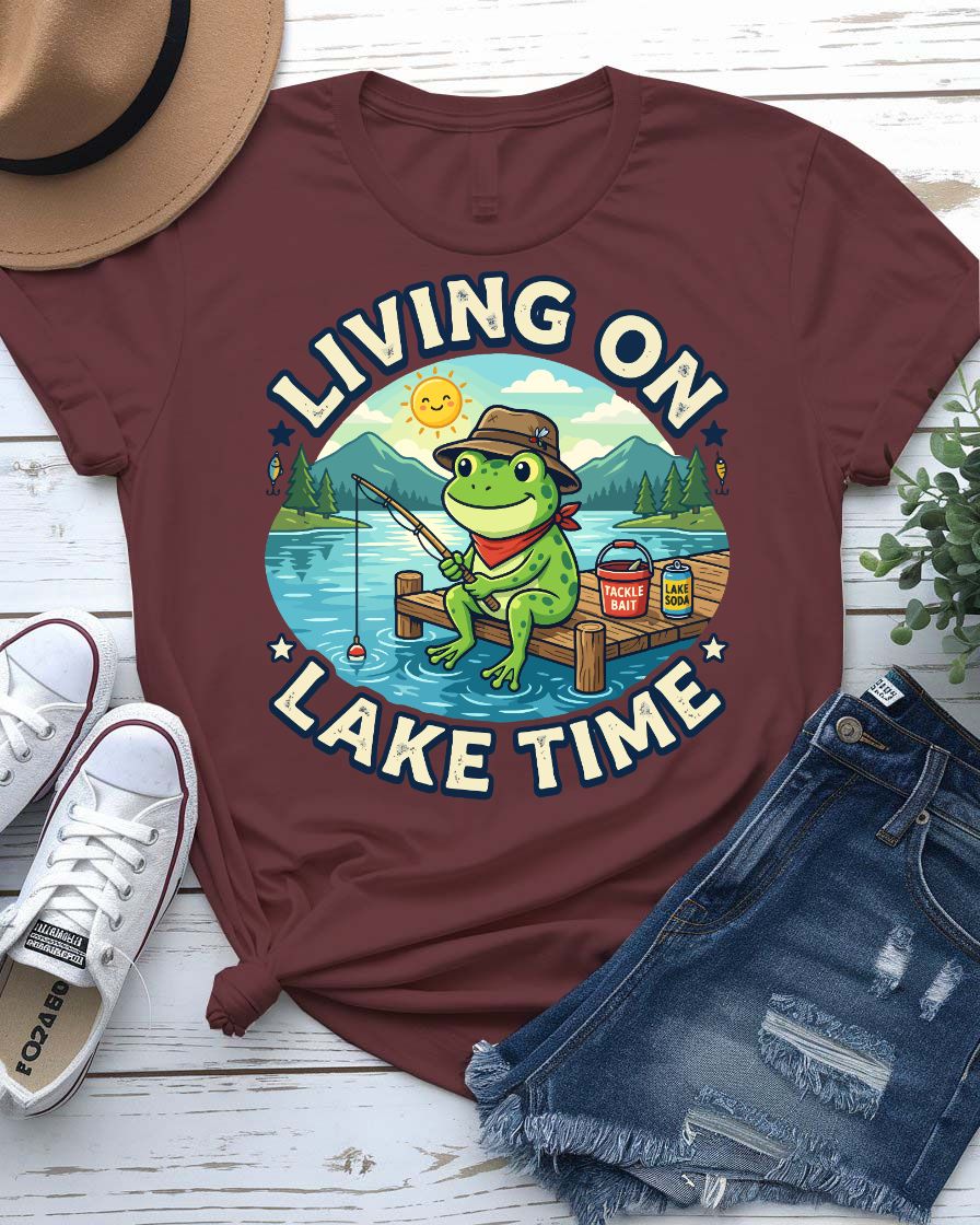 Living on lake time tee pine trees sunset graphic