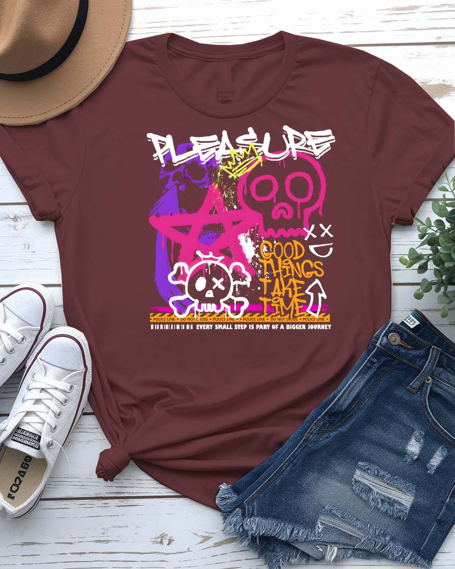 Pleasure Streetwear Tee with serpent coiled around ripe fruit on model
