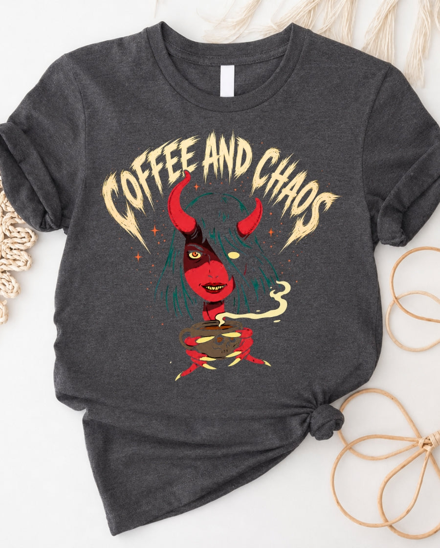 Coffee and Chaos Devil Girl Tee — Retro Gothic Coffee Lover T-Shirt