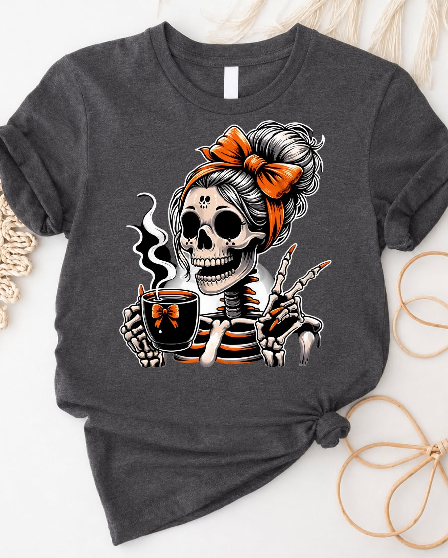 Skeleton Lady Coffee Tee — Retro Pinup Skull Graphic T-Shirt