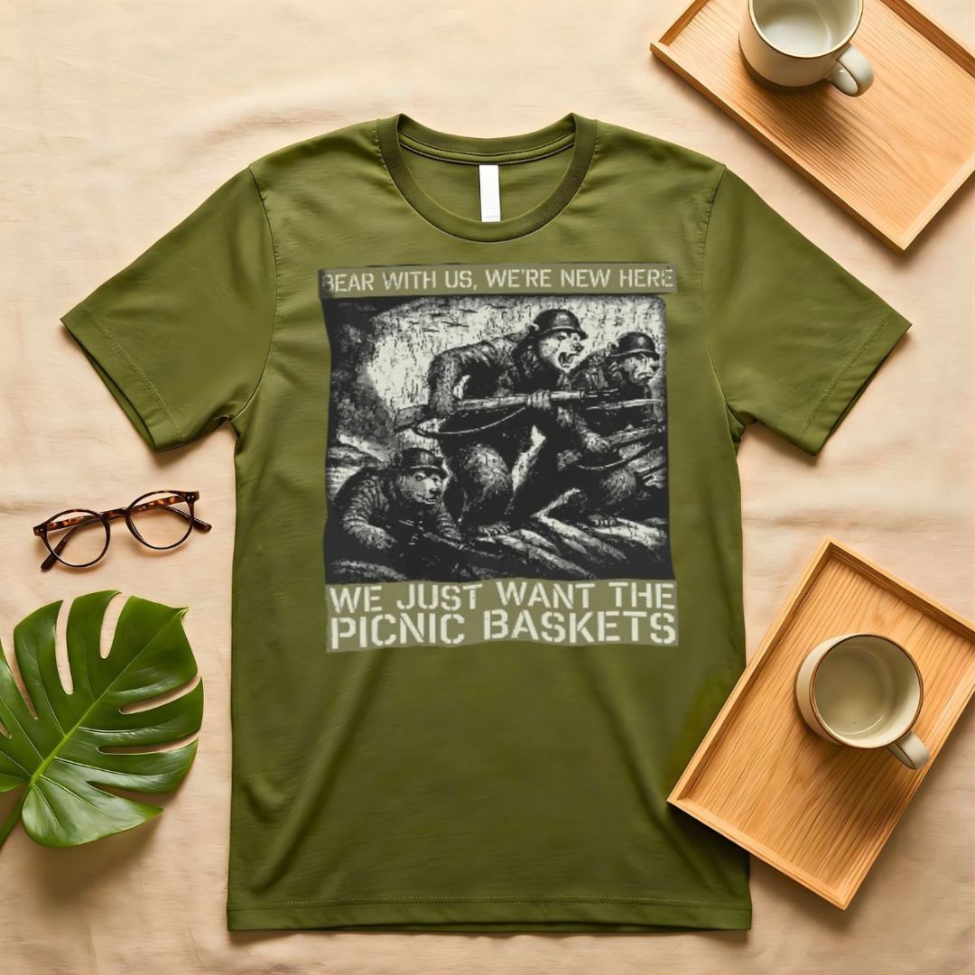 Bear With Us Punny Camping Graphic T-Shirt on Model