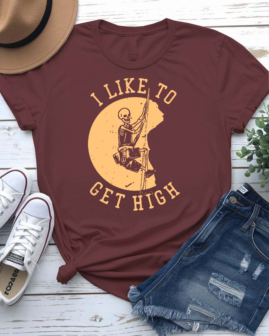 I Like to Get High Urban Style Tee with figure soaring above skyline on model