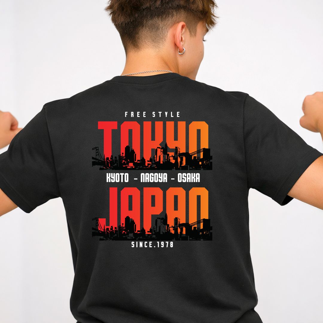 Tokyo Japan Streetwear Tee with neon skyline and Mount Fuji on model