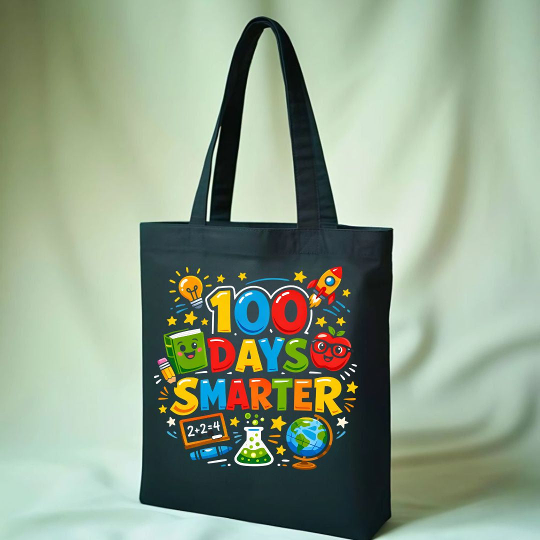 Colorful "100 Days of School" celebration tote bag on natural canvas
