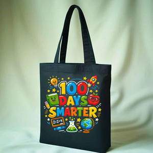 Colorful "100 Days of School" celebration tote bag on natural canvas