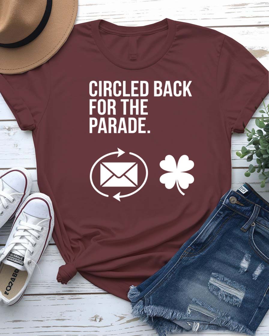 Circled Back For the Parade T-Shirt with meeting-to-float transformation on model