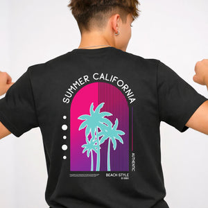 California Summer Streetwear Tee with vintage sunset and palm trees on model