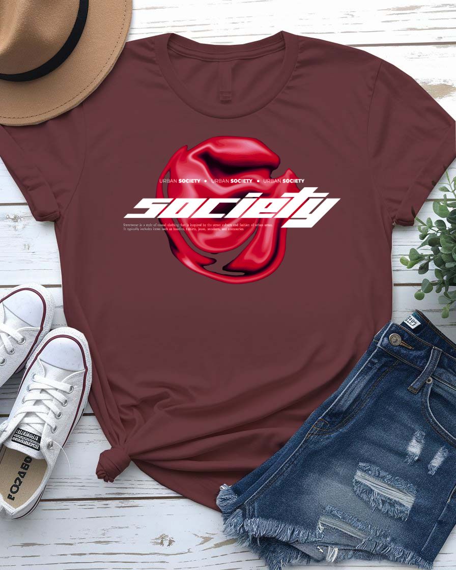 Society Streetwear Tee with lone figure walking away from crowd graphic on model