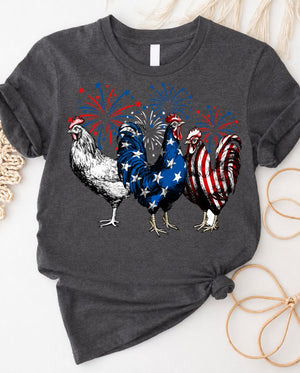 Red White and Blue Chicken 4th of July Tee with patriotic poultry design
