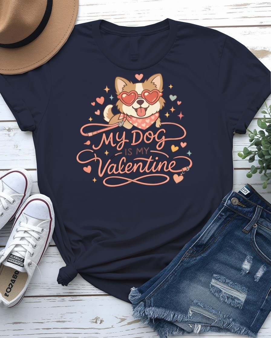 My Dog Is My Valentine t-shirt with cute illustrated dog and heart
