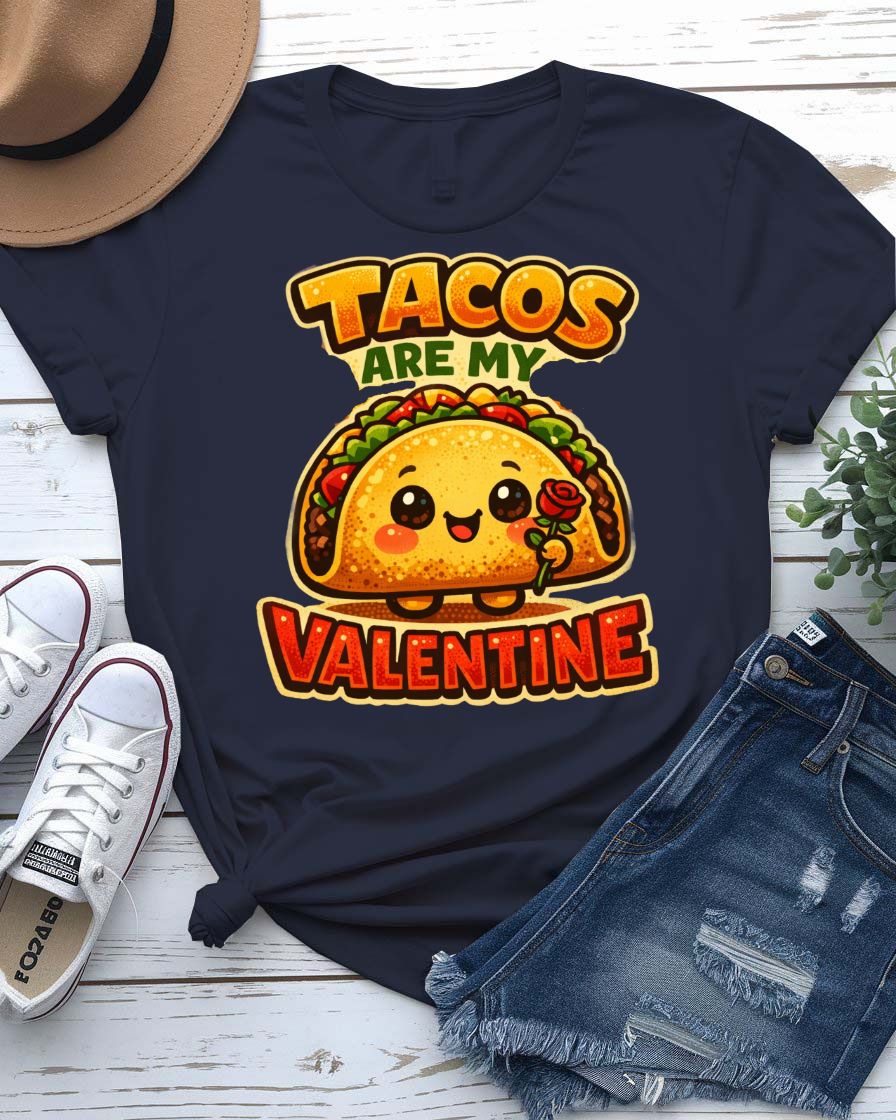 Tacos Valentine Tee with a smiling cartoon taco and punny love text