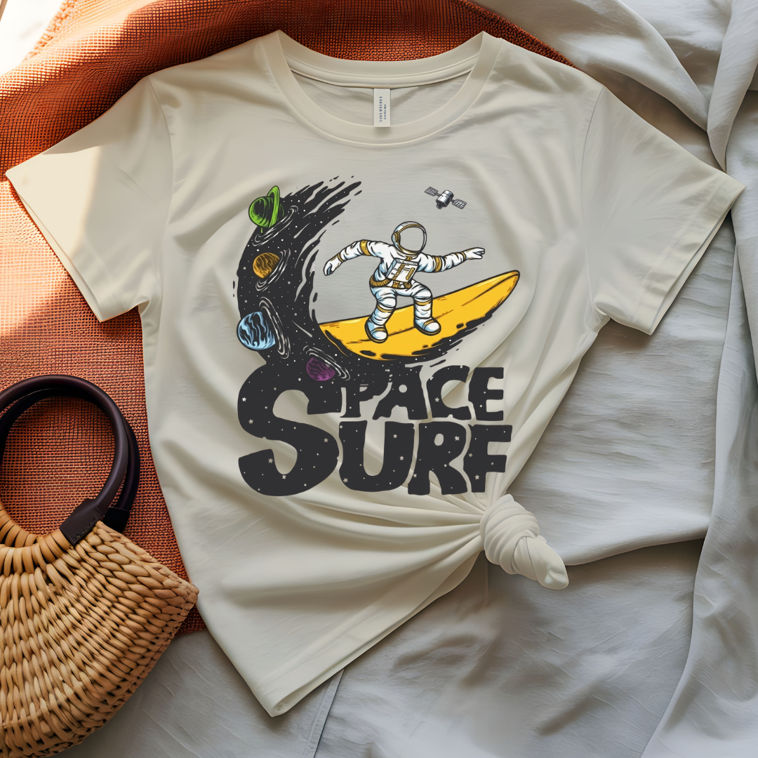 Space Surf Tee with astronaut surfing on a cosmic wave