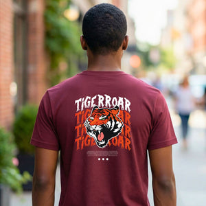 Tiger Roar Streetwear Tee with visible sound waves from roaring tiger on model