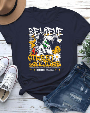 Believe Streetwear Tee with single candle flame on model