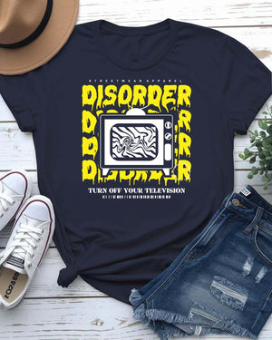 Disorder Streetwear T-Shirt with scattering geometric forms on model