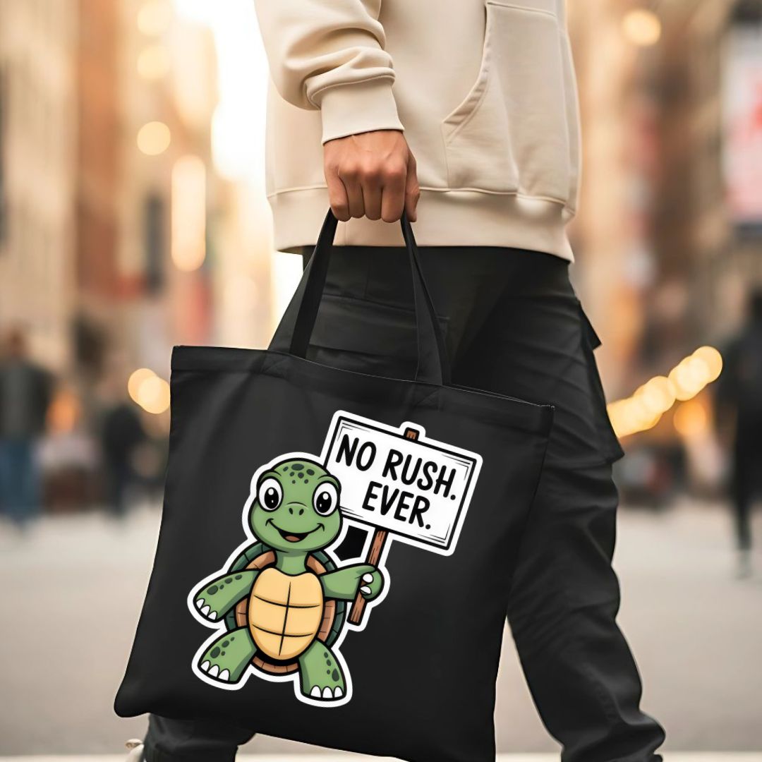 "No Rush Ever" Cute Turtle &amp; Slow Living Tote Bag