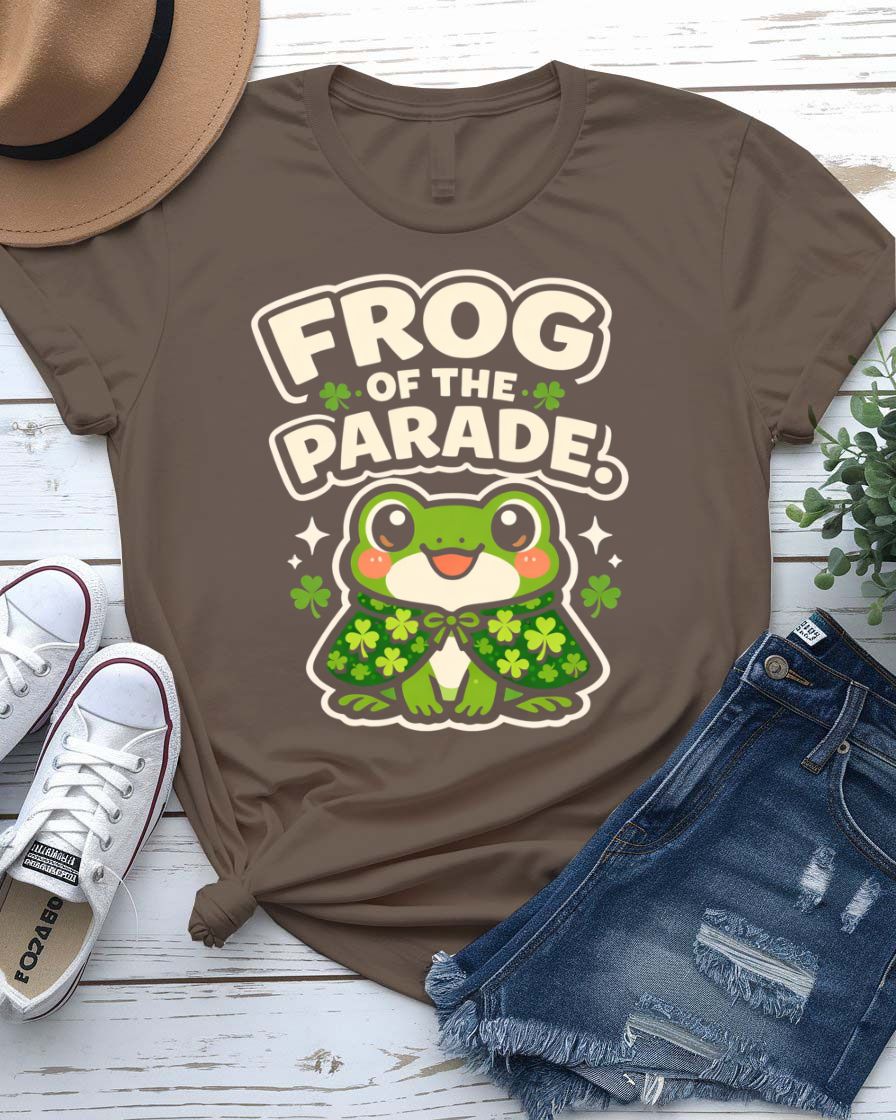Frog of Parade St. Patrick's Day Tee with crowned frog on float on model
