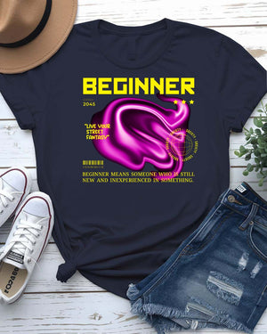 Beginner Streetwear Tee with minimalist training wheel graphic on model