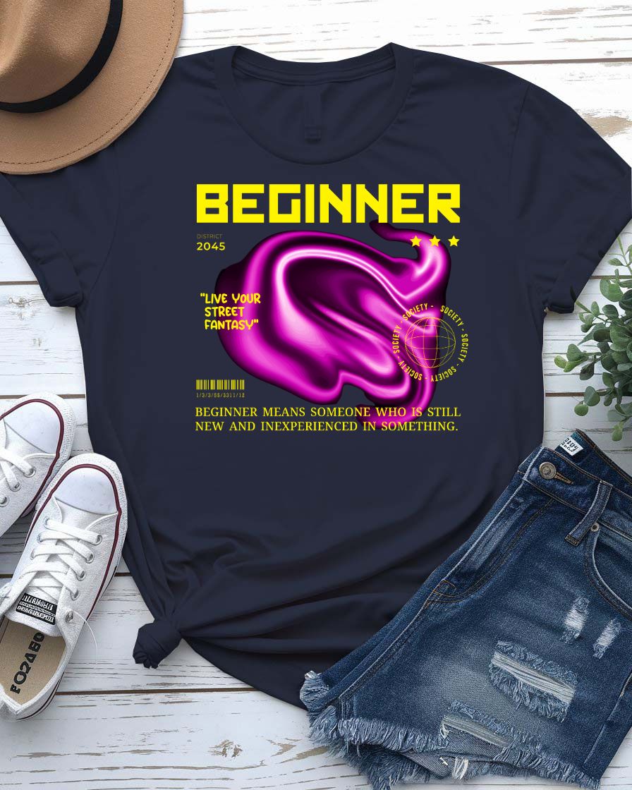 Beginner Streetwear Tee with minimalist training wheel graphic on model