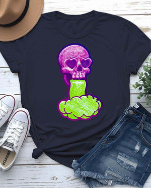 Skull Fumes t-shirt with detailed skull exhaling colorful vaporwave fumes