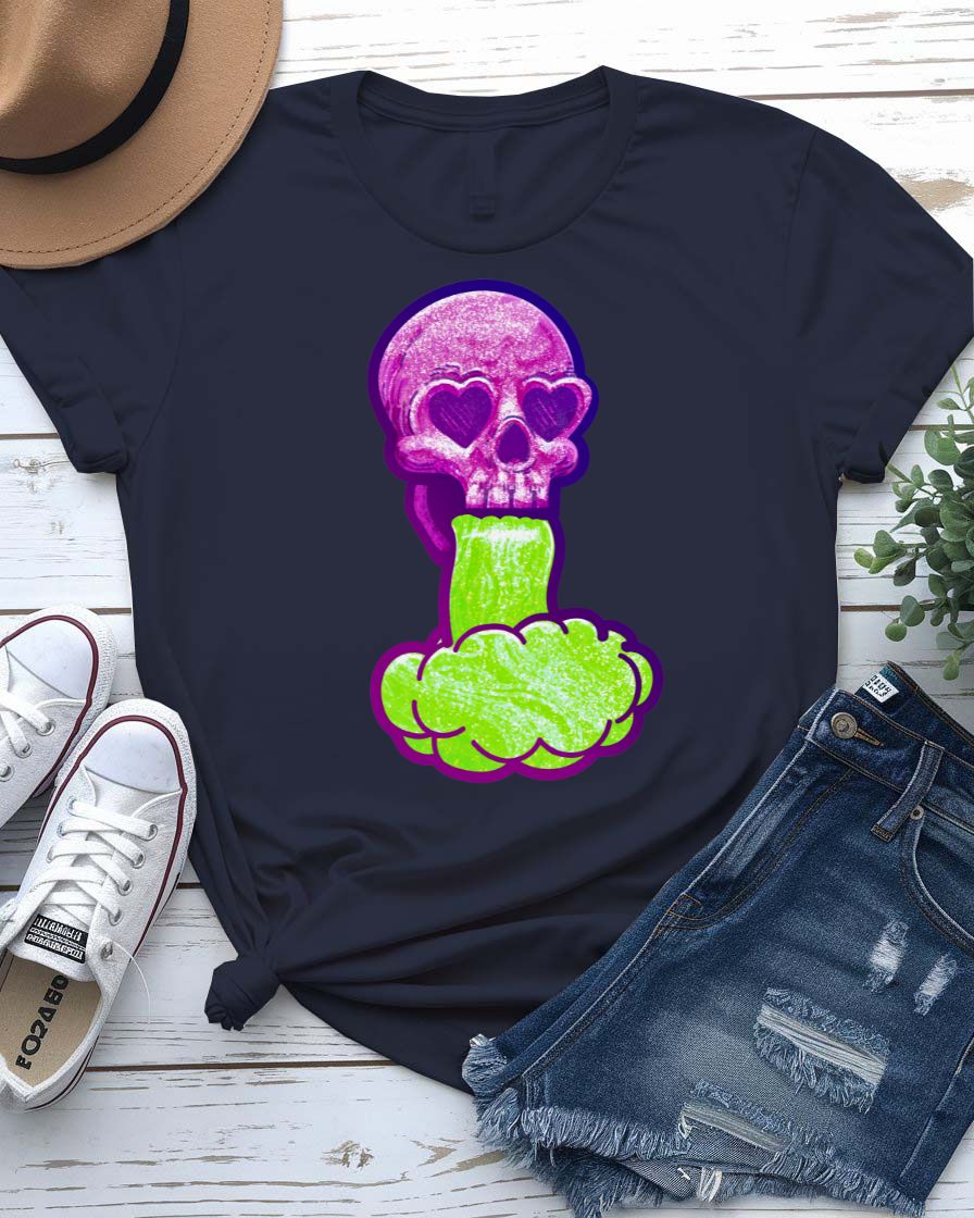 Skull Fumes t-shirt with detailed skull exhaling colorful vaporwave fumes