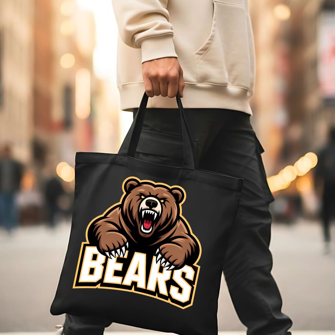 Cute illustrated bear design tote bag on natural canvas